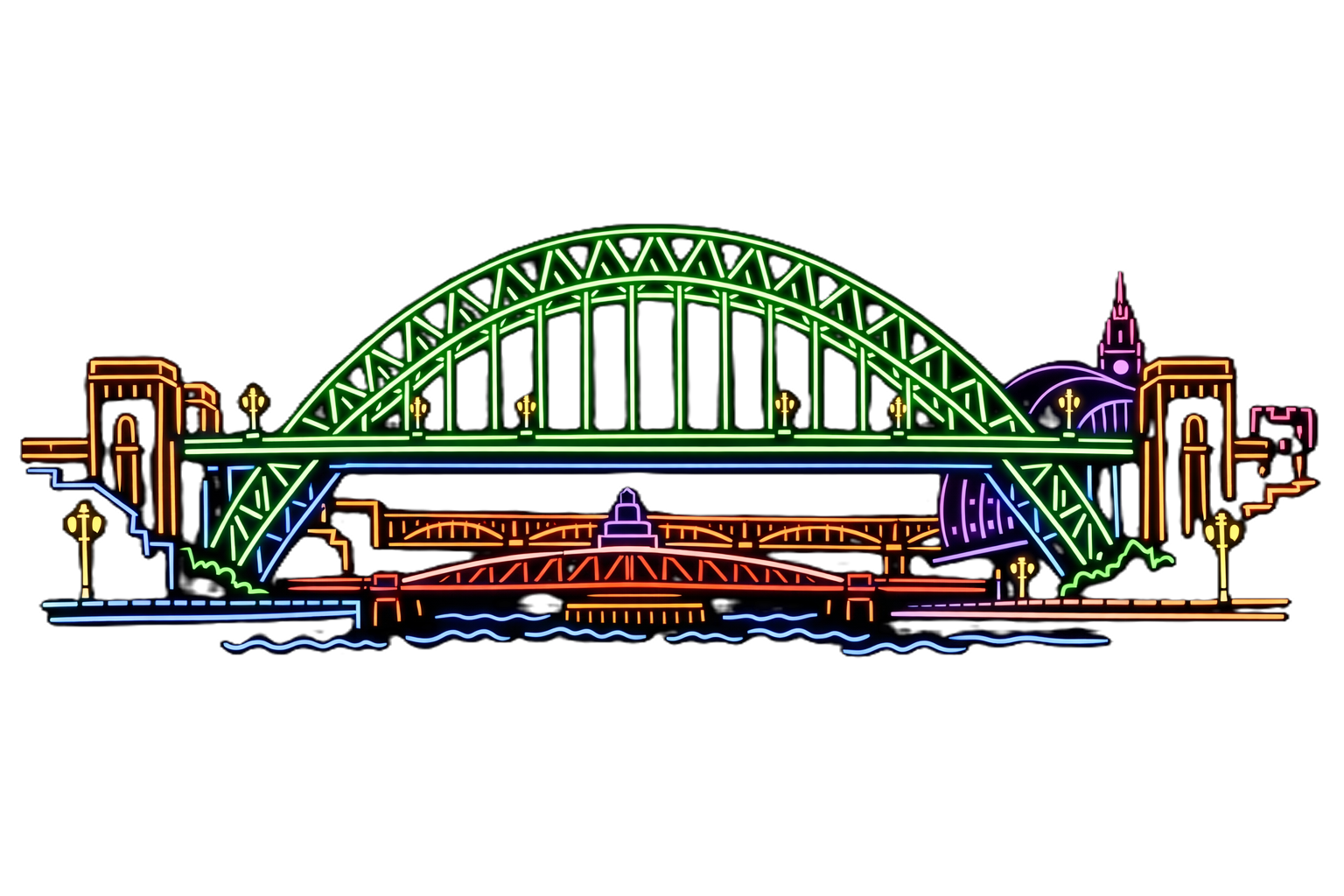 an outline image of the Tyne Bridge in glowing neon colours